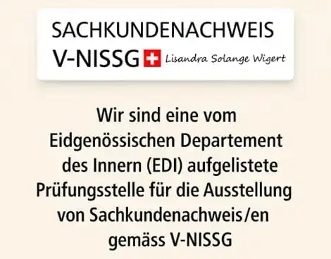 V-NISSG: Wir sind eine vom Eidgenössischen Departement des Innern aufgelistete Prüfungsstelle für die Ausstellung von Sachkundenachweis/en gemäss V-NISSG.
