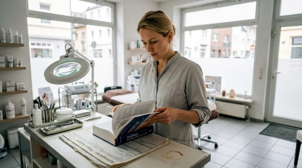 Eine Kosmetikerin blättert konzentriert am Arbeitsplatz in einem Fachbuch und erweitert ihr Wissen.