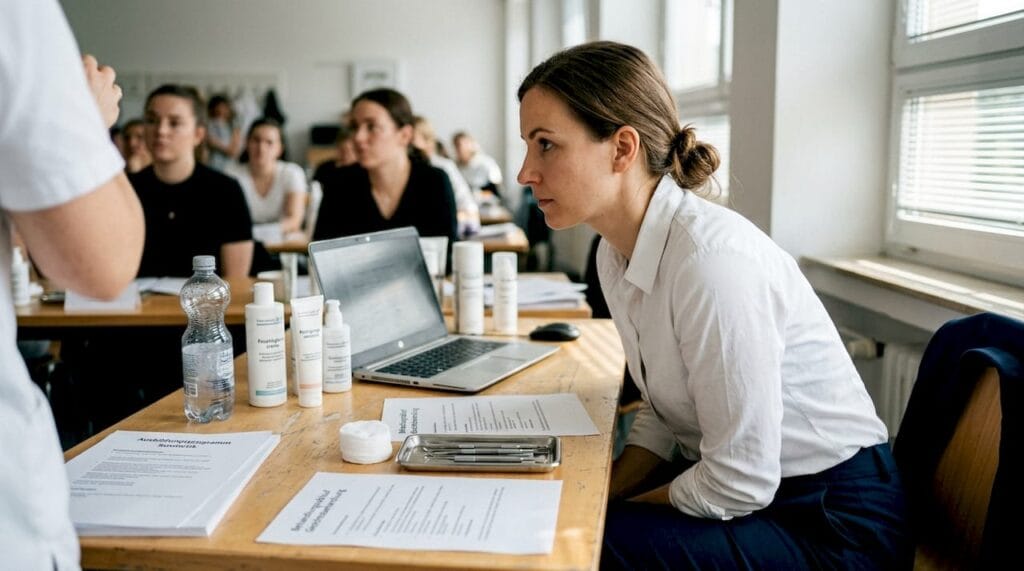 Eine Kosmetikerin verfolgt eine Live-Schulung im Rahmen eines Workshops.